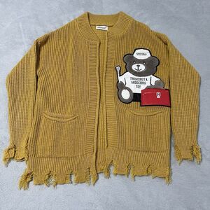 Cardigan Sweater Women Small Mustard Yellow Distressed Wool Bear This Is Not Toy